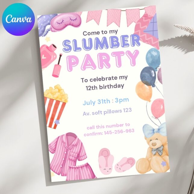 Invitación de cumpleaños Pijamada Party – Plantilla editable en Canva | Tarjeta digital e imprimible para una fiesta especial