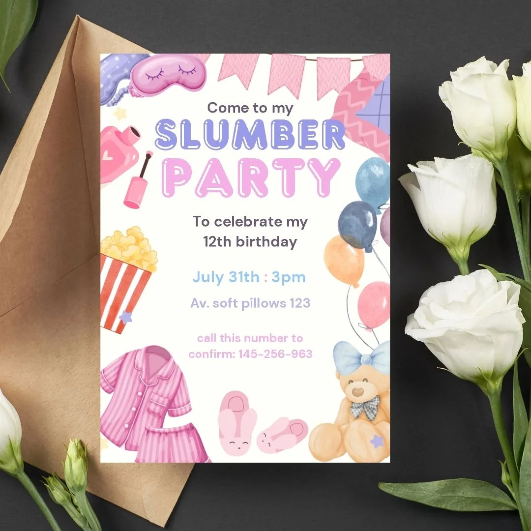 Invitación de cumpleaños Pijamada Party – Plantilla editable en Canva | Tarjeta digital e imprimible para una fiesta especial - Imagen 2