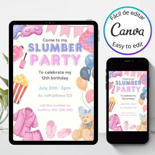 Invitación de cumpleaños Pijamada Party – Plantilla editable en Canva | Tarjeta digital e imprimible para una fiesta especial - Imagen 3