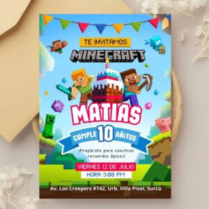 Invitación de Cumpleaños Minecraft – Plantilla editable en Canva | Tarjeta digital e imprimible para una fiesta épica