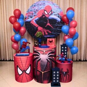 Decoración para Fiesta de hombre araña Spiderman con panel circular impreso banner y globos – Alquiler y Montaje Profesional a domicilio
