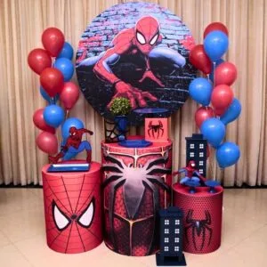 Decoración para Fiesta de hombre araña Spiderman con panel circular impreso banner y globos – Alquiler y Montaje Profesional a domicilio