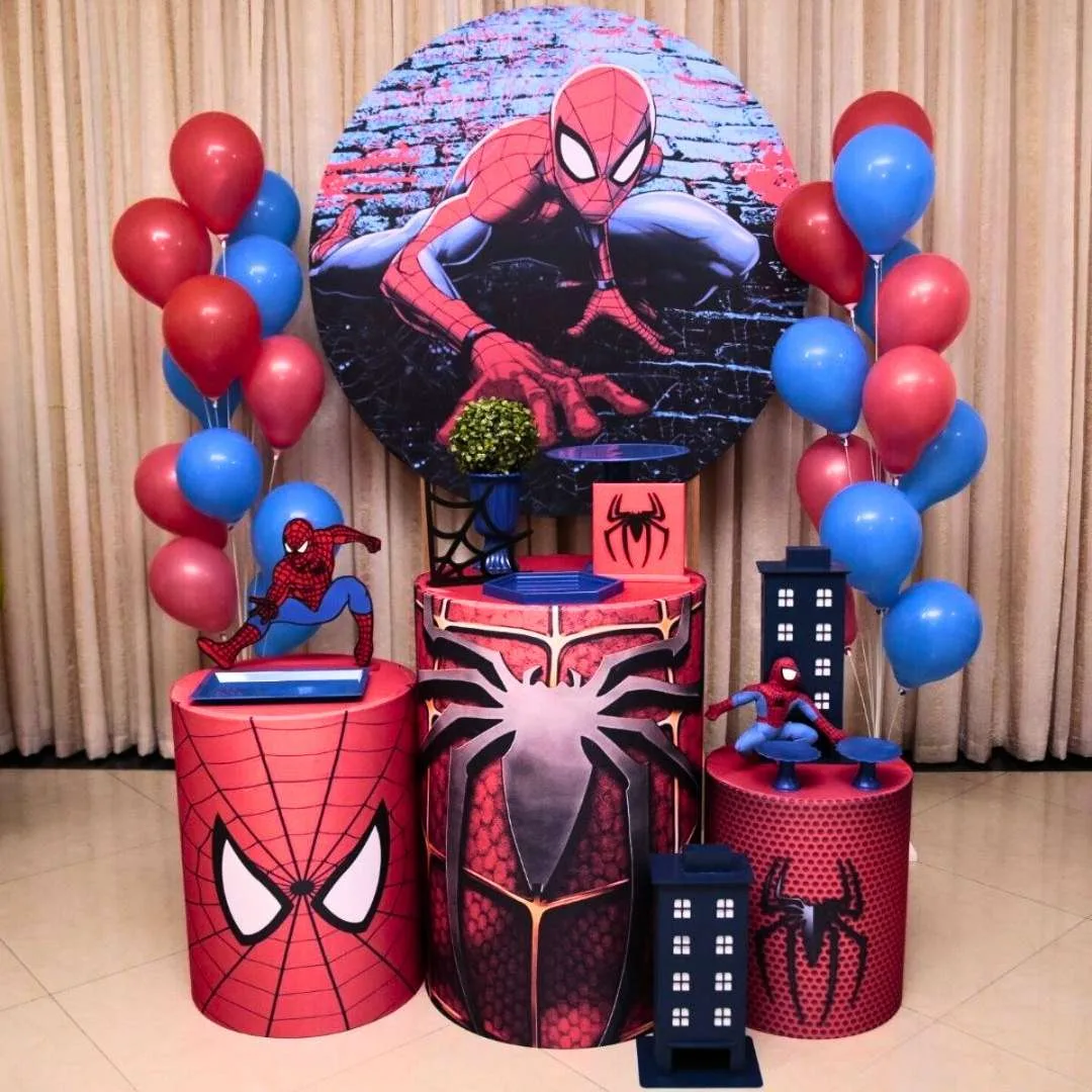 Decoración para Fiesta de hombre araña Spiderman con panel circular impreso banner y globos – Alquiler y Montaje Profesional a domicilio