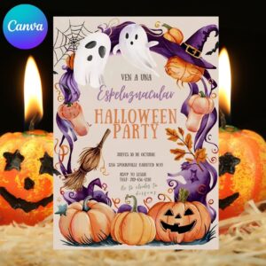 Invitación editable para fiesta de Halloween – Plantilla Canva con calabaza espeluznante