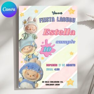 Invitación para fiesta de cumpleaños de Labubu – Plantilla editable en Canva, imprimible y descarga instantánea