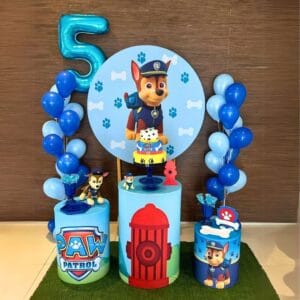 Decoración para Fiesta infantil de Paw Patrol con panel circular impreso banner y globos – Alquiler y Montaje Profesional a domicilio