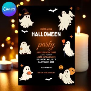Invitación para fiesta de Halloween plantilla editable en canava – Plantilla digital con 6 fantasmitas, descarga inmediata