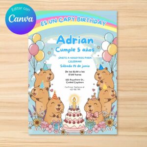 Invitación de cumpleaños de capibara niño editable – Plantilla en Canva | Tarjeta digital e imprimible