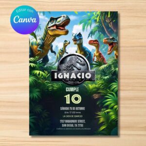 Invitación de cumpleaños de Dinosaurio – Plantilla editable en Canva | Tarjeta digital e imprimible