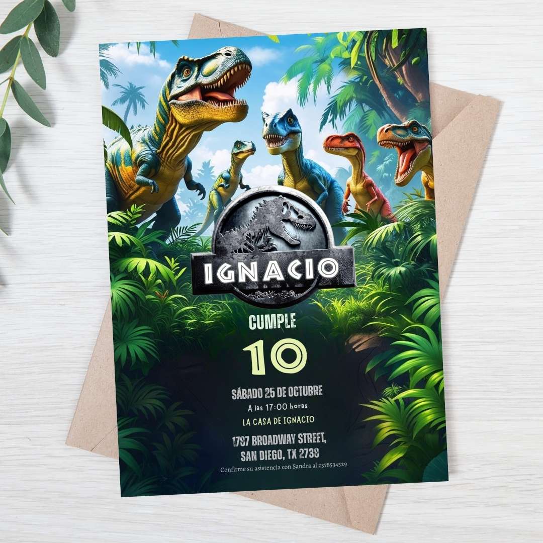 Invitación de cumpleaños de Dinosaurio – Plantilla editable en Canva | Tarjeta digital e imprimible - Imagen 2