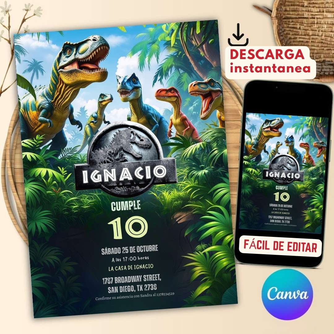 Invitación de cumpleaños de Dinosaurio – Plantilla editable en Canva | Tarjeta digital e imprimible - Imagen 3