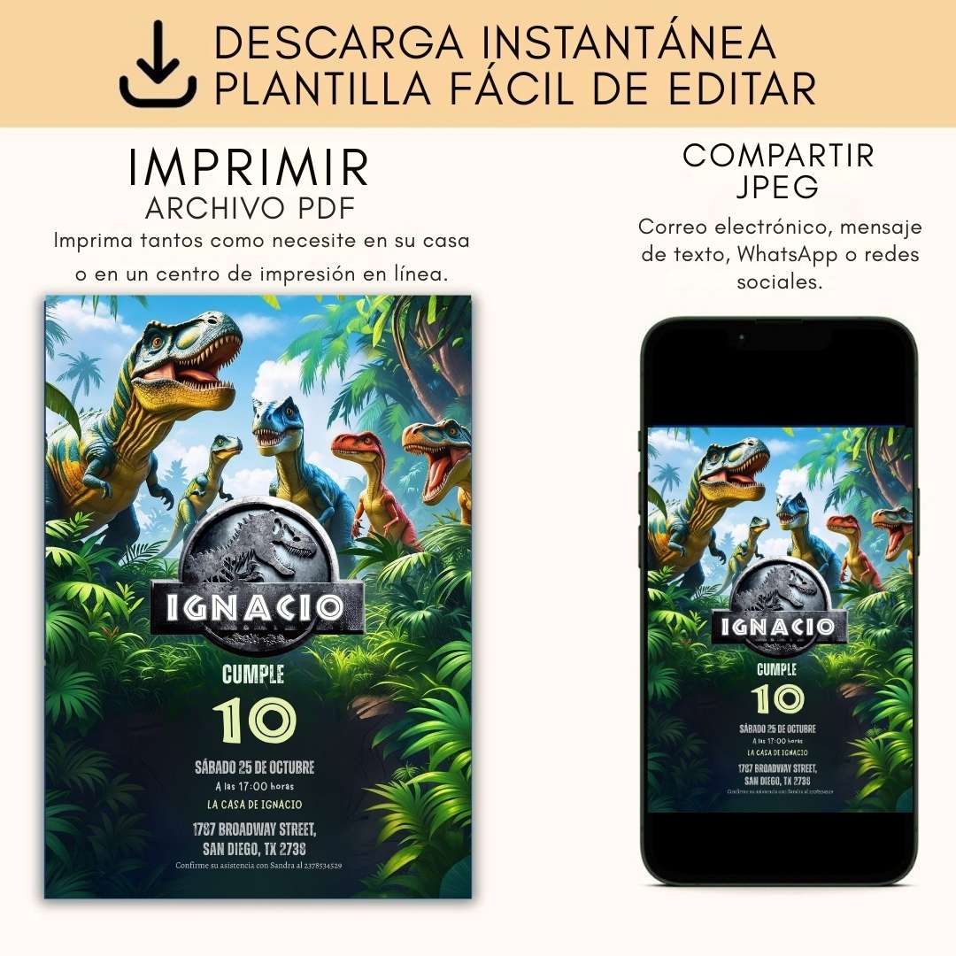 Invitación de cumpleaños de Dinosaurio – Plantilla editable en Canva | Tarjeta digital e imprimible - Imagen 7