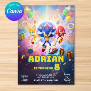 Invitación de cumpleaños de Sonic – Plantilla editable en Canva | Tarjeta digital e imprimible