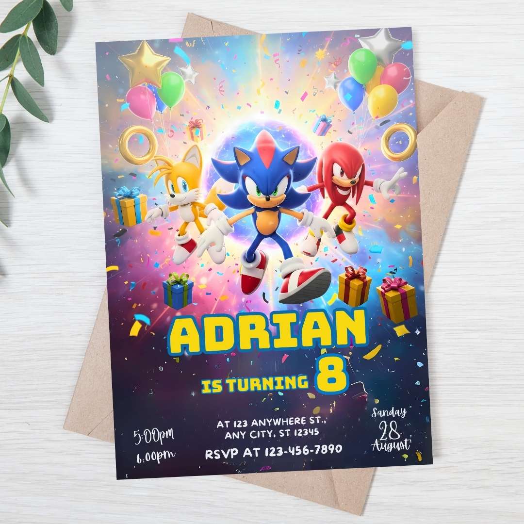 Invitación de cumpleaños de Sonic – Plantilla editable en Canva | Tarjeta digital e imprimible - Imagen 3
