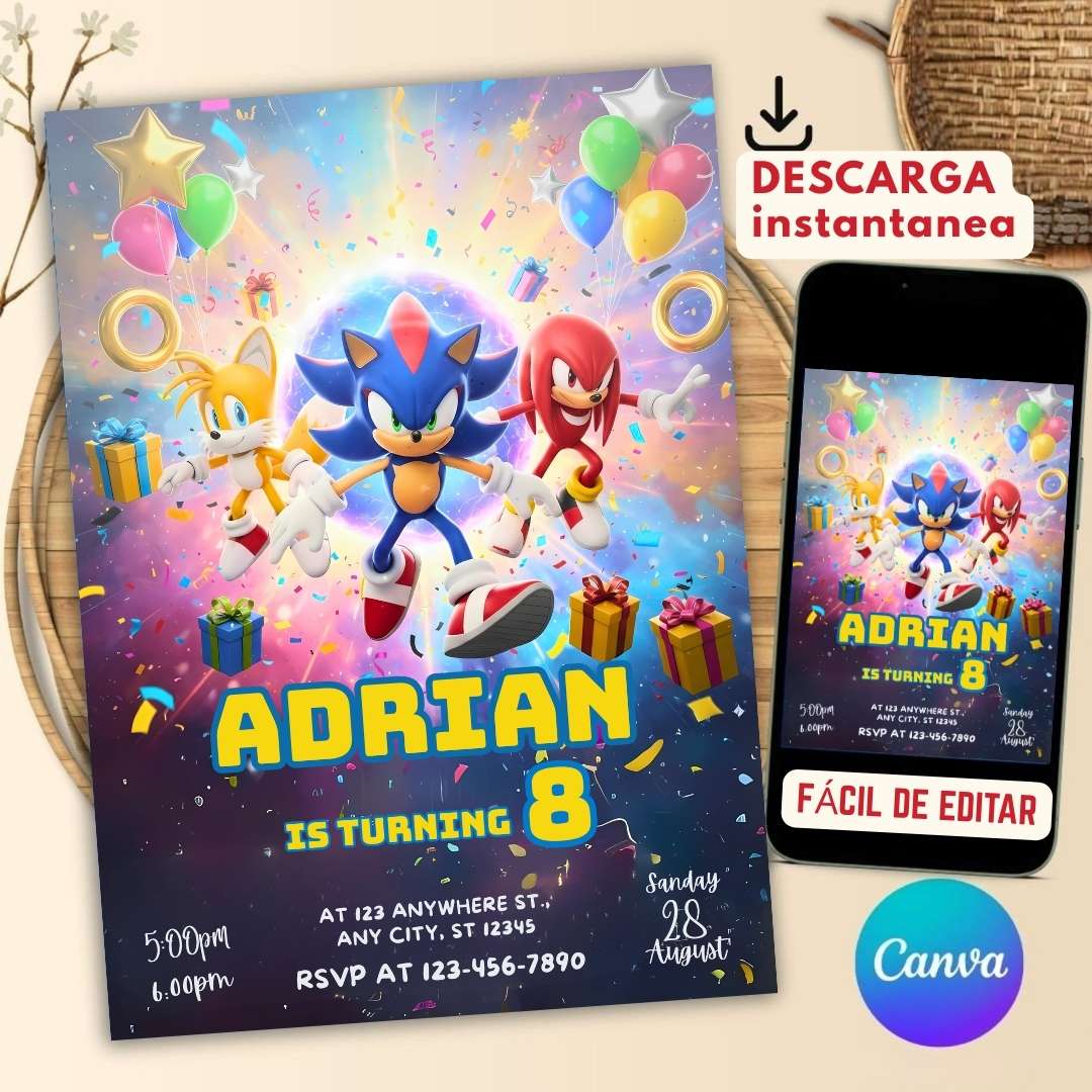 Invitación de cumpleaños de Sonic – Plantilla editable en Canva | Tarjeta digital e imprimible - Imagen 2