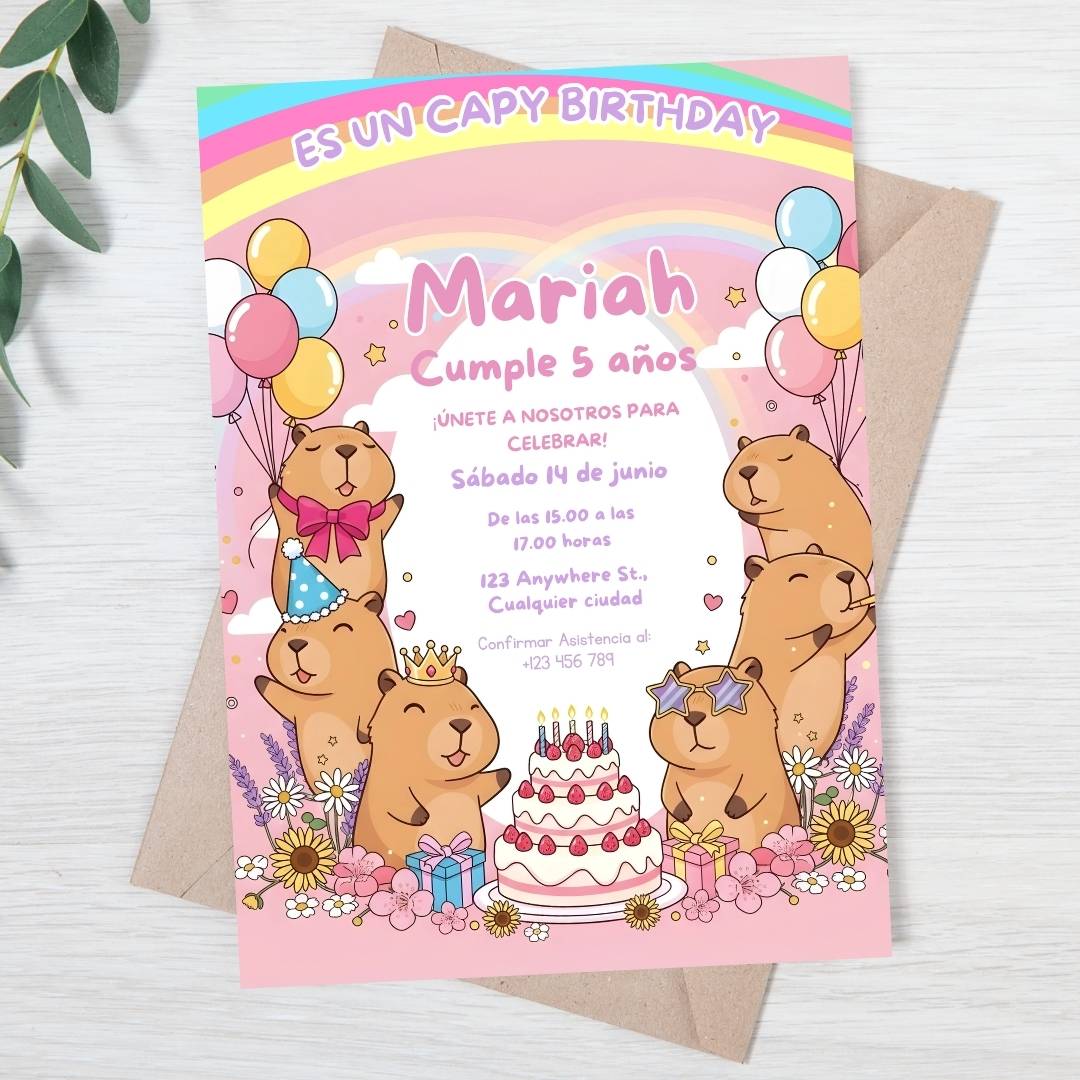 Invitación de cumpleaños de capibara editable – Plantilla en Canva | Tarjeta digital e imprimible - Imagen 3