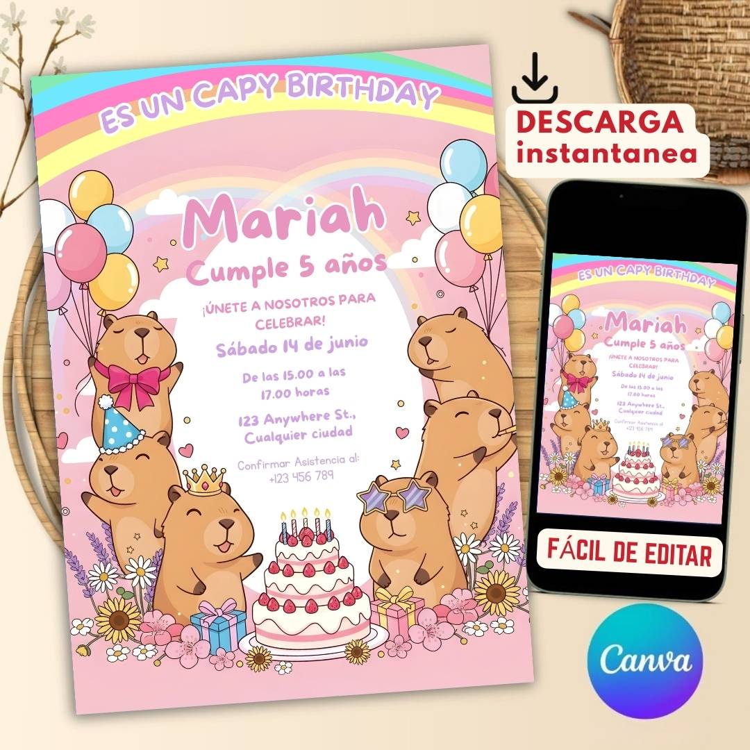 Invitación de cumpleaños de capibara editable – Plantilla en Canva | Tarjeta digital e imprimible - Imagen 2
