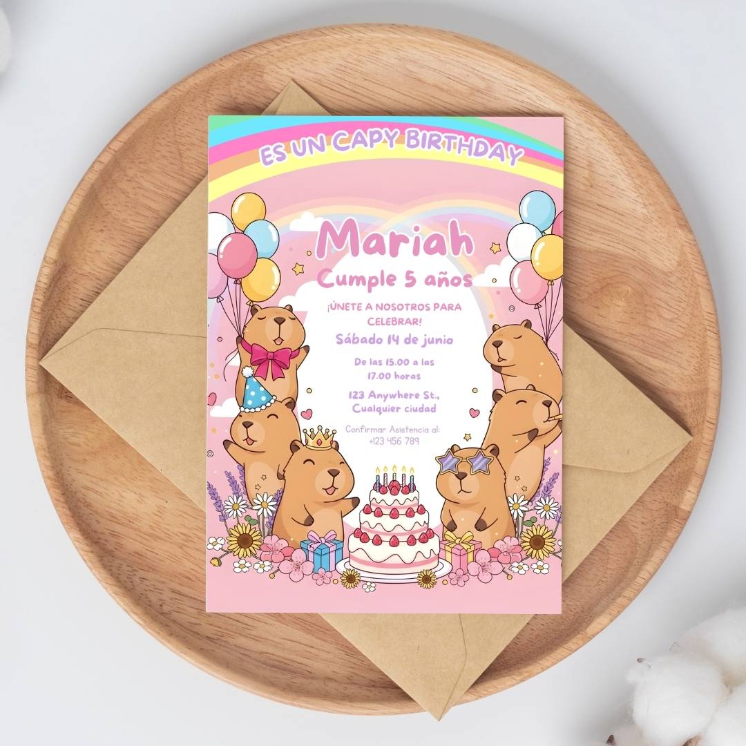 Invitación de cumpleaños de capibara editable – Plantilla en Canva | Tarjeta digital e imprimible - Imagen 9