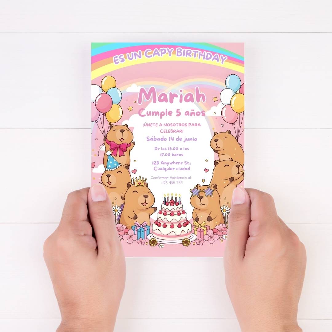 Invitación de cumpleaños de capibara editable – Plantilla en Canva | Tarjeta digital e imprimible - Imagen 4