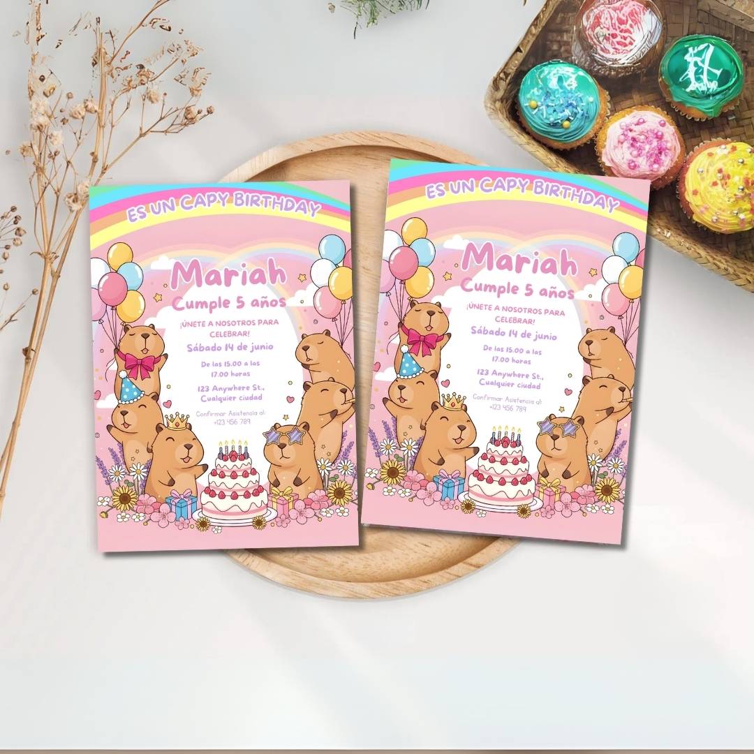 Invitación de cumpleaños de capibara editable – Plantilla en Canva | Tarjeta digital e imprimible - Imagen 7