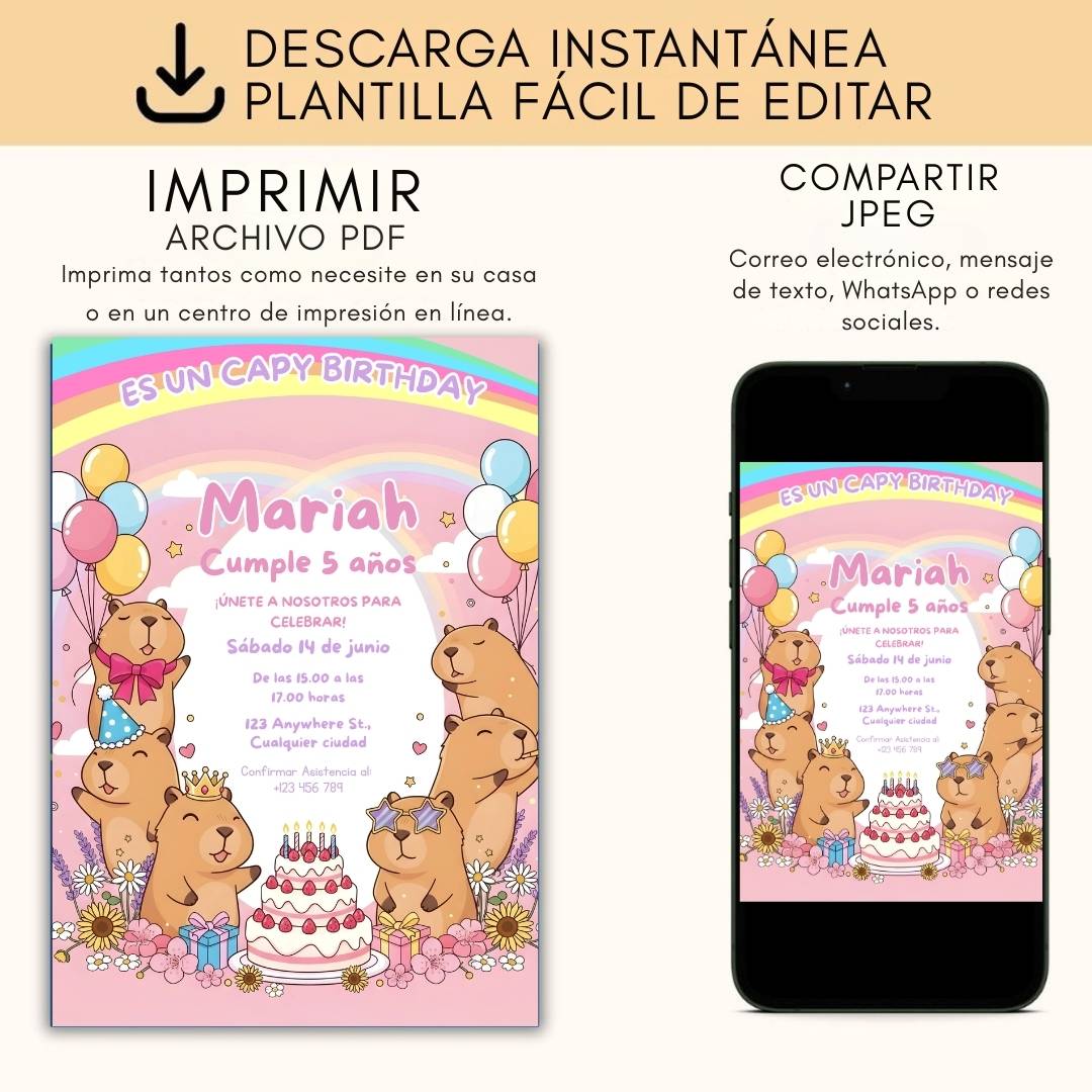 Invitación de cumpleaños de capibara editable – Plantilla en Canva | Tarjeta digital e imprimible - Imagen 5
