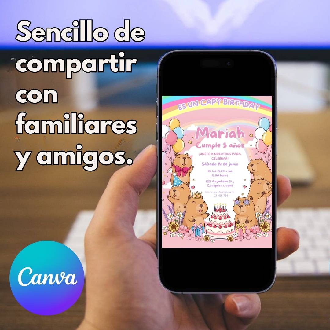 Invitación de cumpleaños de capibara editable – Plantilla en Canva | Tarjeta digital e imprimible - Imagen 8