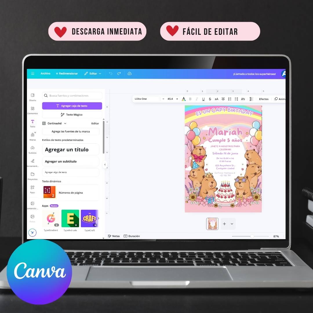 Invitación de cumpleaños de capibara editable – Plantilla en Canva | Tarjeta digital e imprimible - Imagen 6