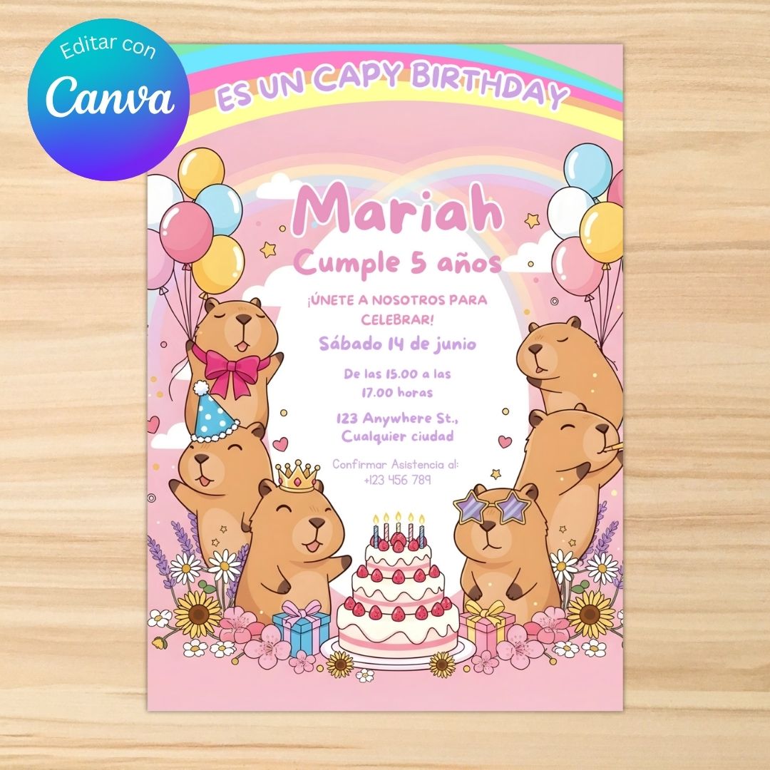 Invitación de cumpleaños de capibara editable – Plantilla en Canva | Tarjeta digital e imprimible
