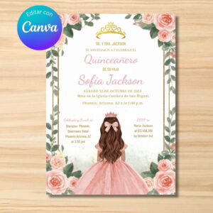 Plantilla de Invitación de quinceañera editable – Plantilla en Canva | Tarjeta digital e imprimible