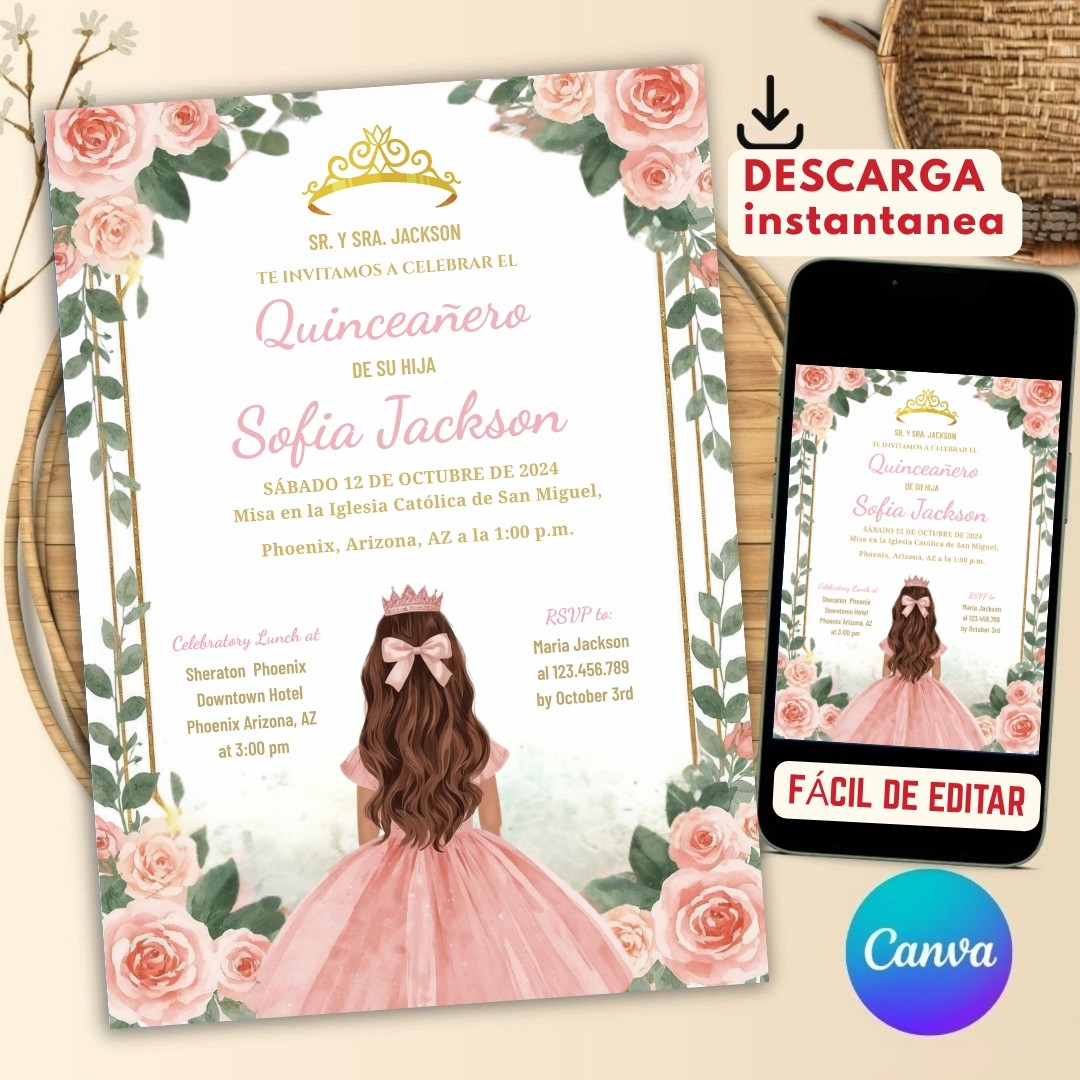 Plantilla de Invitación de quinceañera editable – Plantilla en Canva | Tarjeta digital e imprimible - Imagen 2