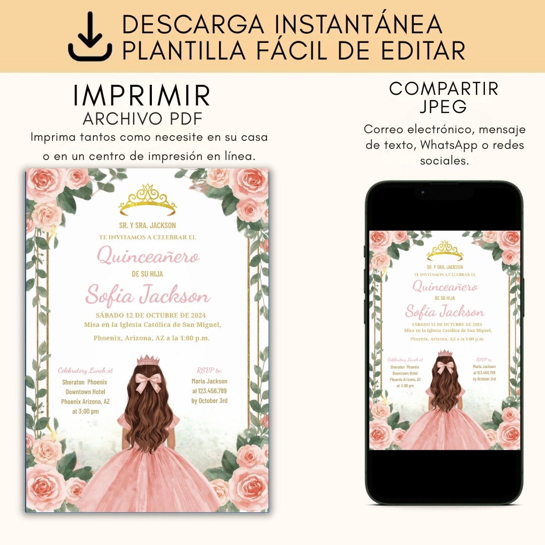 Plantilla de Invitación de quinceañera editable – Plantilla en Canva | Tarjeta digital e imprimible - Imagen 6