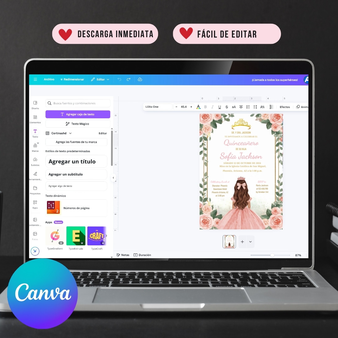 Plantilla de Invitación de quinceañera editable – Plantilla en Canva | Tarjeta digital e imprimible - Imagen 7