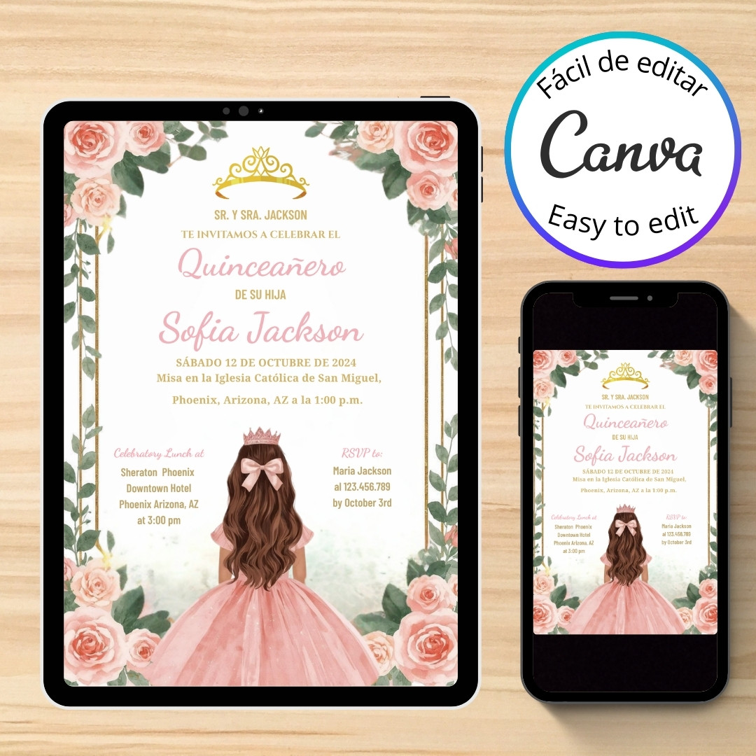 Plantilla de Invitación de quinceañera editable – Plantilla en Canva | Tarjeta digital e imprimible - Imagen 9