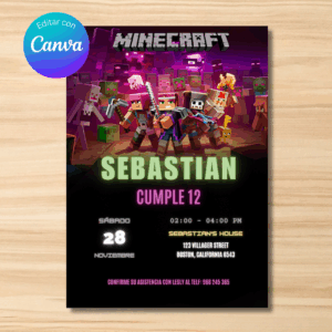 Invitación editable de Minecraft – Plantilla en Canva | Tarjeta digital e imprimible para compartir