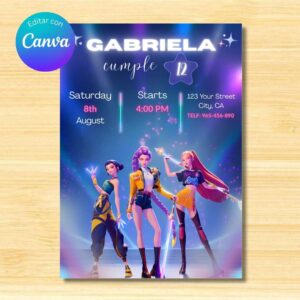 Plantilla de invitación de cumpleaños temática Cazadores de Demonios K-Pop, editable para fiesta juvenil, invitación imprimible estilo anime y música K-Pop, plantilla de Canva