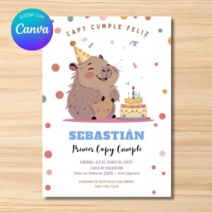 Plantilla de invitación editable de Capibara para cumpleaños infantil, diseño tierno en Canva, lista para imprimir o compartir