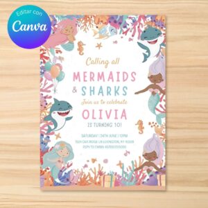 Invitación de cumpleaños de sirena y tiburón – Plantilla editable en Canva | Tarjeta digital e imprimible