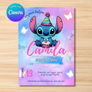 Invitación de Stitch editable para cumpleaños de niña – Plantilla editable en Canva | Tarjeta digital e imprimible