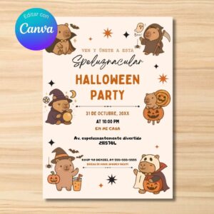 Invitación para fiesta de Halloween de capibara – Plantilla editable en Canva | Tarjeta digital e imprimible