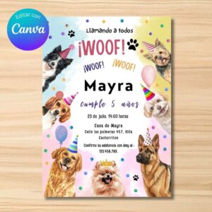 Plantilla de invitación de cumpleaños de cachorros, para fiesta infantil, plantilla editable en canva, lista para imprimir y compartir