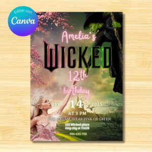 Plantilla de invitación de cumpleaños diseño Wicked, para fiesta temática, plantilla editable en Canva, lista para imprimir y compartir