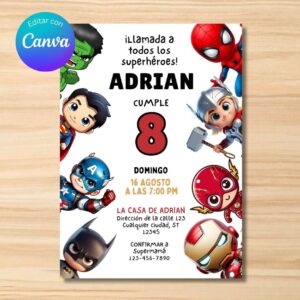 Plantilla de invitación de cumpleaños de Superhéroes, editable para fiesta de los vengadores, invitación imprimible para fiesta de cumpleaños de superhéroes para niños, plantilla de Canva