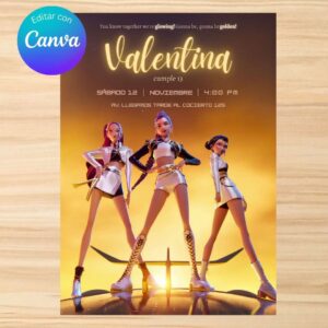 Invitación de cumpleaños Las Guerreras K-POP, Plantilla editable en Canva, para una fiesta especial | Tarjeta digital e imprimible para compartir en WhatsApp