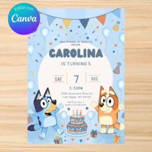Invitación de cumpleaños de Bluey, Plantilla editable en Canva, para una fiesta especial | Tarjeta digital e imprimible para compartir en WhatsApp