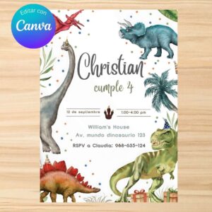 Invitación de cumpleaños de Dinosaurios editable en Canva, Plantilla lista para una fiesta especial | Tarjeta digital e imprimible para compartir en WhatsApp