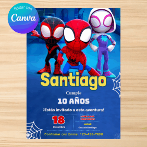 Invitación de cumpleaños de Spidey editable y personalizable para niños, ideal para fiestas temáticas de superhéroes con Spider-Man y sus amigos, incluye diseño digital para imprimir o compartir por whatsapp