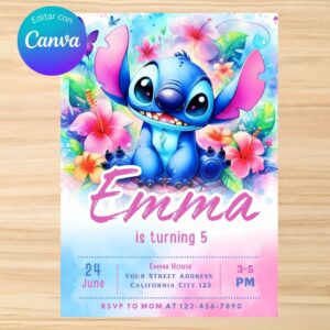 Invitación de cumpleaños de Stitch, plantilla editable en Canva para una fiesta especial  | Tarjeta digital e imprimible para compartir por whatsapp