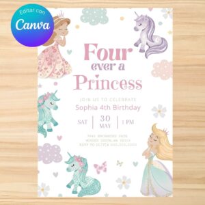 Invitación de cumpleaños de princesas y ponys para niña – Plantilla editable en Canva | Tarjeta digital e imprimible para una fiesta especial