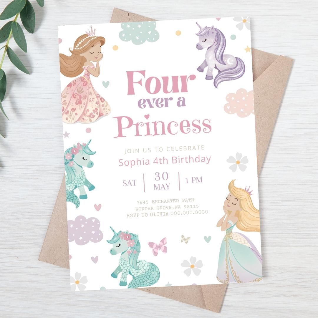 Invitación de cumpleaños de princesas y ponys editable, image size:1080x1080