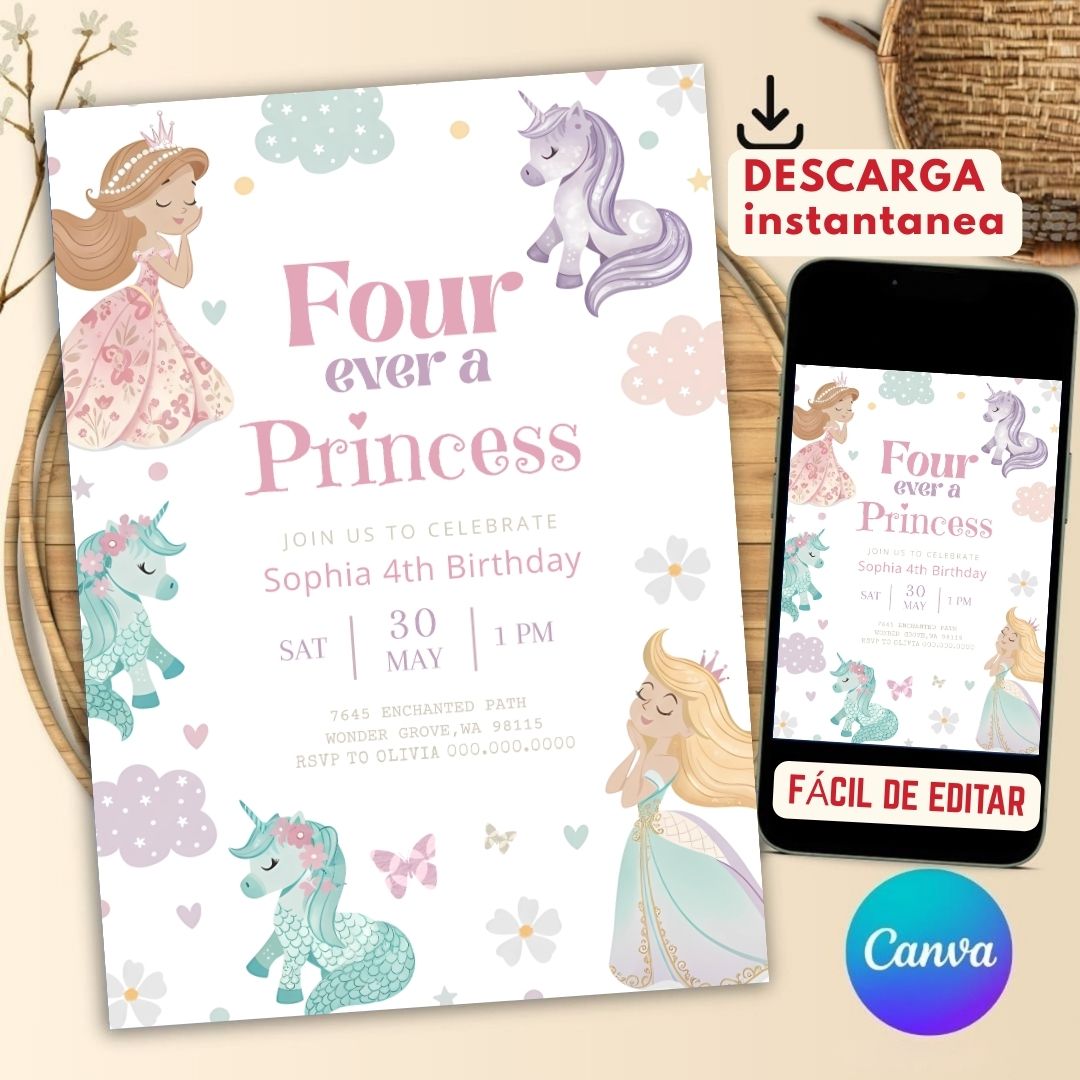 Invitación de cumpleaños de princesas y ponys editable, image size:1080x1080